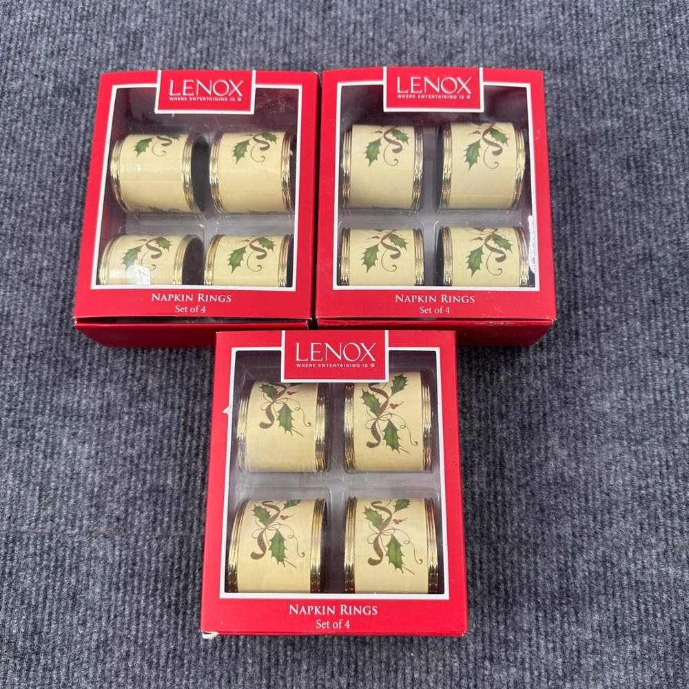 Lenox Holiday Nouveau Napkin Rings Gold Holly Berry Multi Set of 12 Christmas